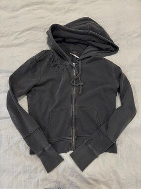 Free People Charcoal Distressed Zip-Up Hoodie